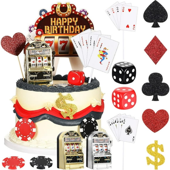 21 Pieces Casino Cake Decorations Set Includes Mini Slot Toy Machine Poker Cake Cupcake Topper Casino Happy Birthday Topper Poker Chips Dices for Las Vegas Scene Theme Parties