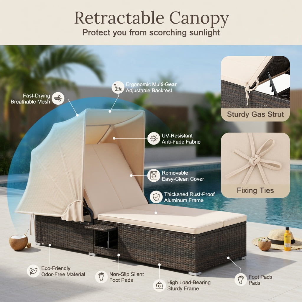 Hommoo Double Chaise Lounge with Adjustable Backrest, Retractable Canopy & Folding Side Tables, PE Rattan Patio Lounger for Backyard, Poolside & Deck, Brown