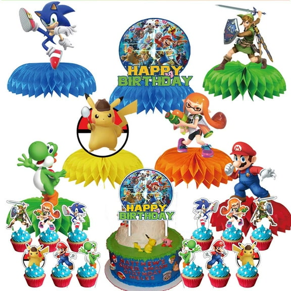 Super Smash Bros Party Decor Supplies Honeycomb Centerpieces Table Toppers Cake Toppers Decorations for Birthday