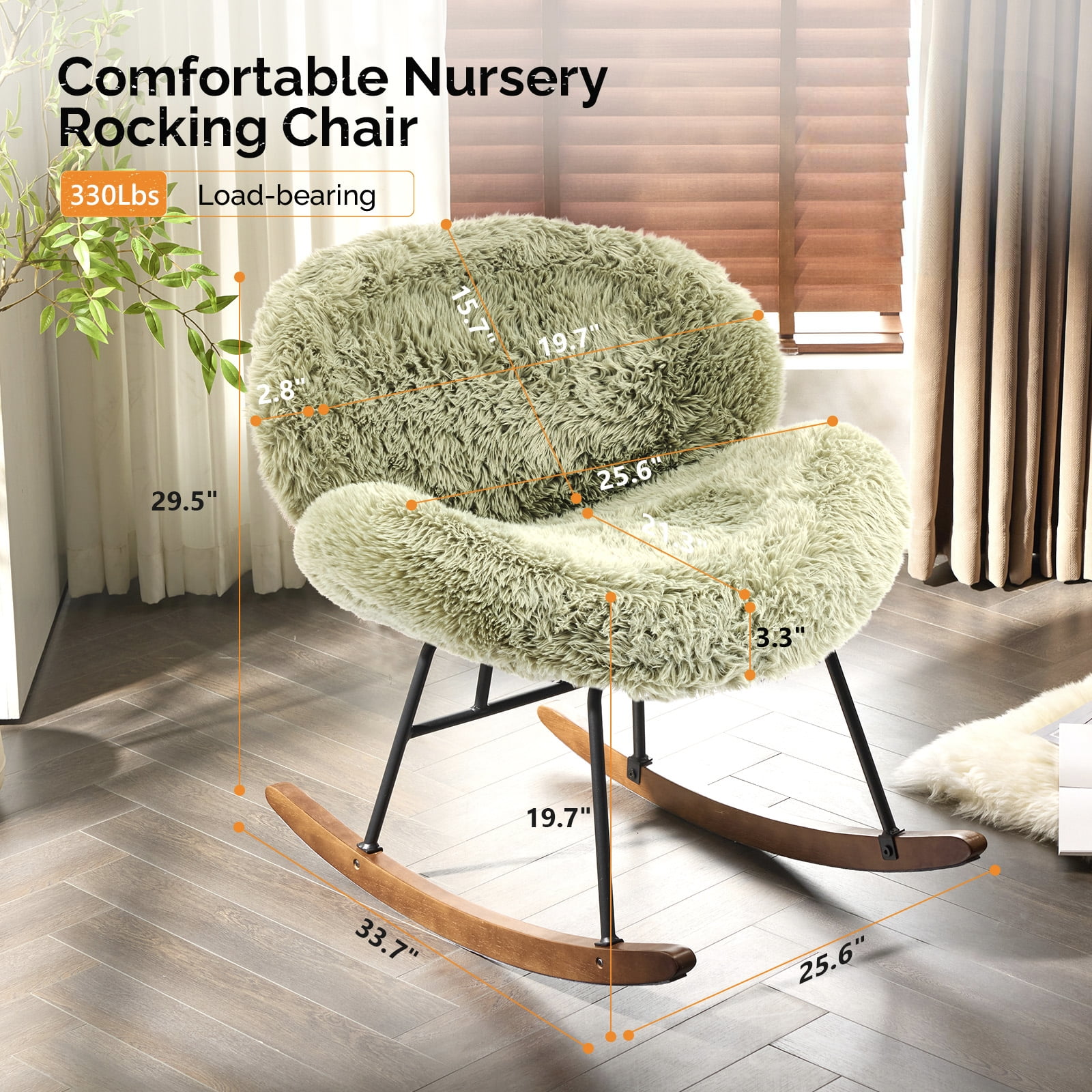 Ktaxon Rocking Accent Chair with Padded Seat, Cute Cozy Nest Style Nursery Chair, Long Pile Fabric Glider Rocker with Wooden Metal Frame Green