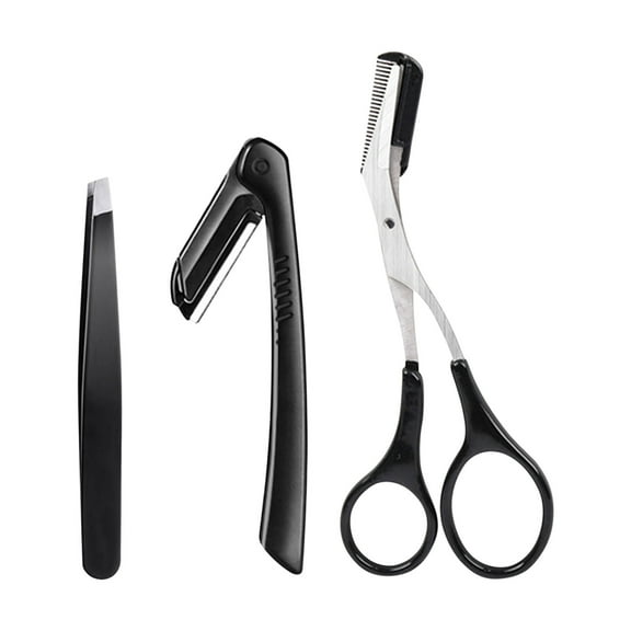 Tuscom 3Pcs Eyebrow Trimming Kit - 3 in 1 Stainless Steel Eyebrow Razor, Tweezers & Scissors with Comb, Travel-Friendly Zipper Pouch, Perfect for Beginners