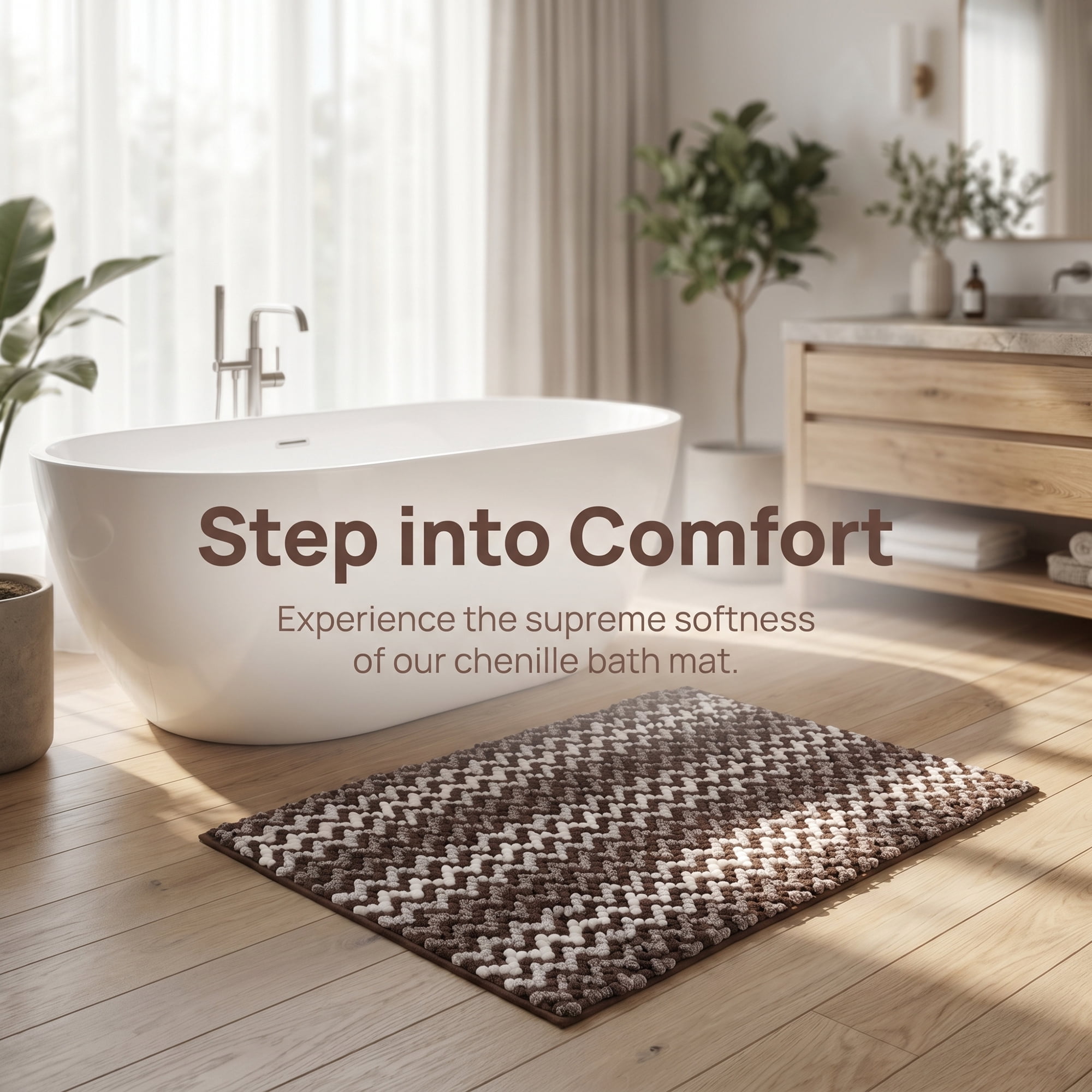 Unique Bargains Ultra Soft Non Slip Machine Washable Chenille Bath Mat Brown 24" x 16"