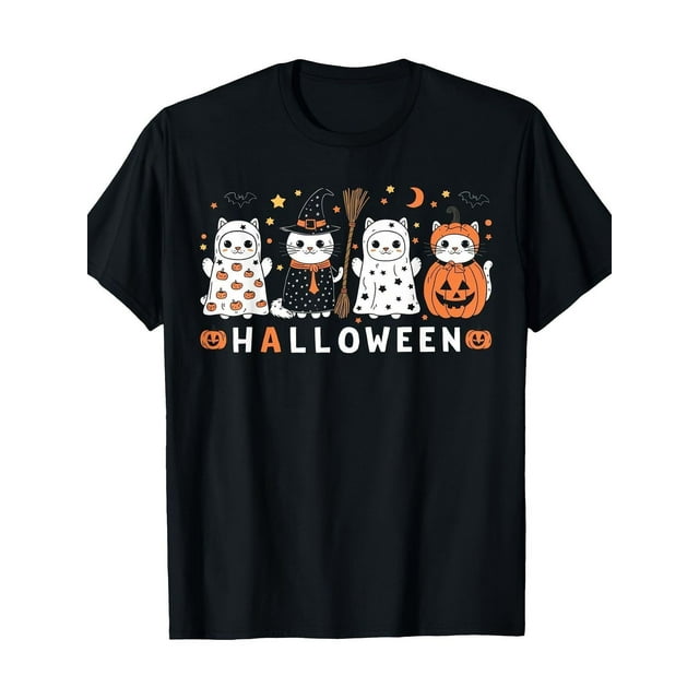 Halloween T-Shirt - Women's & Men's Halloween T-Shirt - Cute Cats in Witch Hats with Pumpkins, Bats, Halloween Text - Machine Washable Spooky Costume Party Shirt for Halloween Decorations