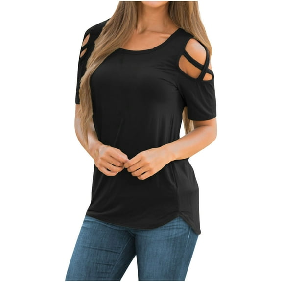 Rutainlusire Womens Tops Clearance Women's Summer Printing Short Sleeve Strappy Cold Shoulder T-Shirt Tops Blouses
