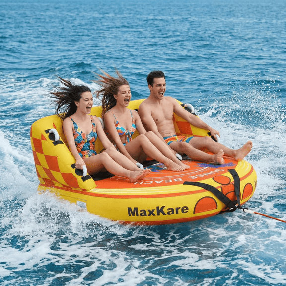 MaxKare Towable Tube for Boating and Watersports, Backrest,  EVA Foam Pads, Grab Handles with Knuckle Guards, Front Back Tow Points, Heavy-Duty, Yellow, 3 Person