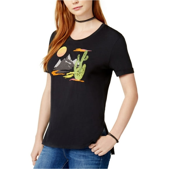 Carbon Copy Womens Embroidered Embellished T-Shirt, Black, Medium