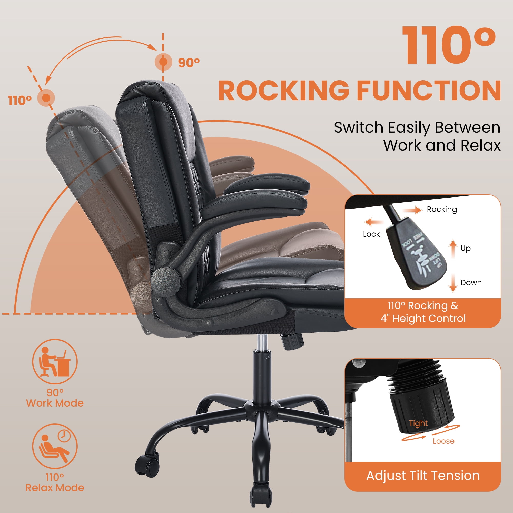 Fantasylab Executive Ergonomic 300LBS PU Leather Home Office Desk Chair, Computer Desk Chair with Adjustable Armrest,Black