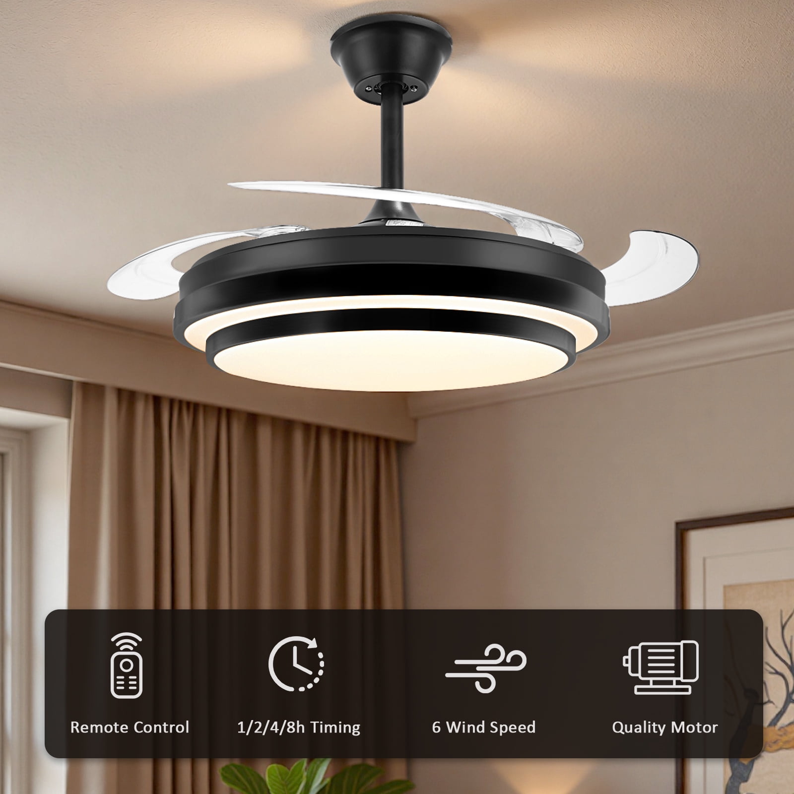 XYJBHB 42-Inch Retractable Ceiling Fan with Light and Remote, 6-Speed Dimmable LED Fandelier for Bedroom and Living Room, Black
