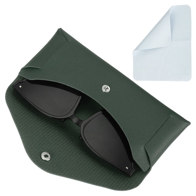Funda de gafas de cuero con botón y paño de limpieza para hombres y mujeres, estuches para gafas de sol (verde oscuro)