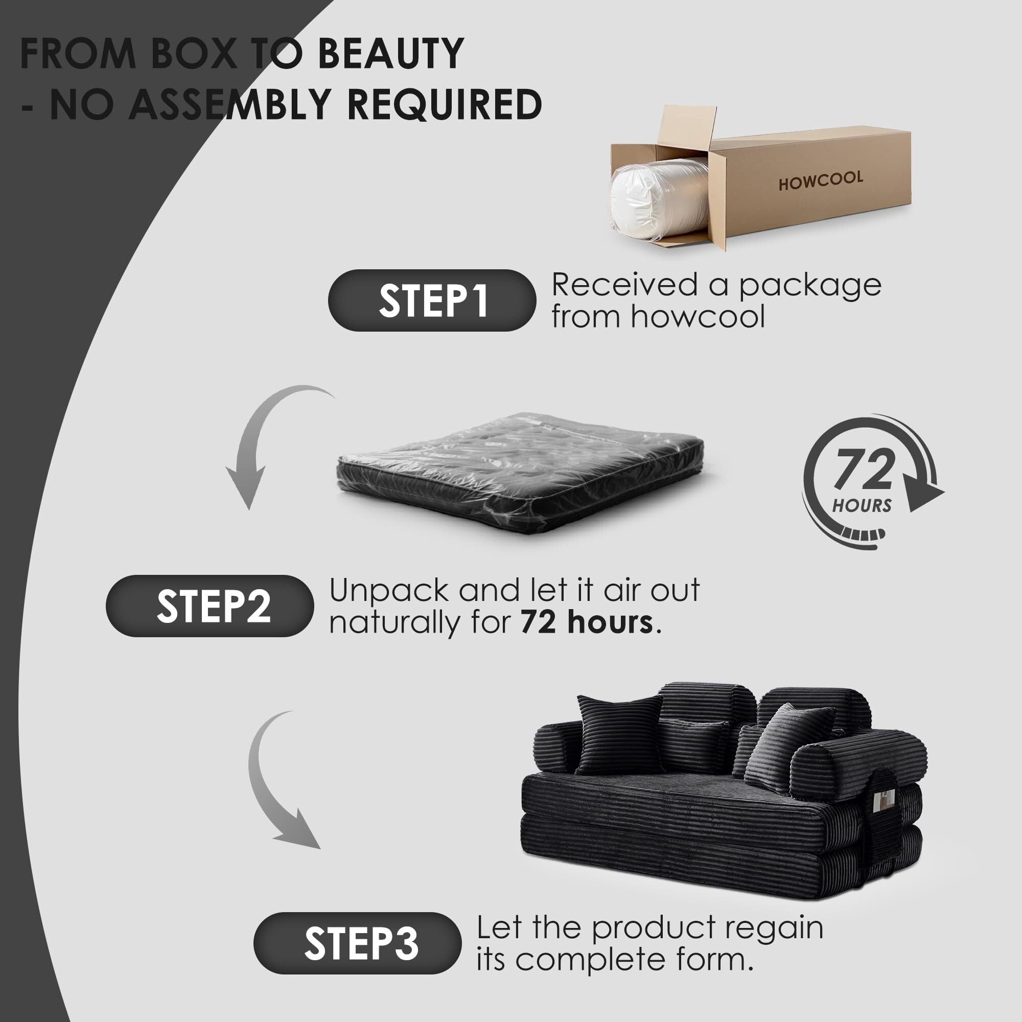Howcool 78.5” Convertible Sleeper Sofa Bed, Foldable Corduroy Loveseat Couch, Boneless Compression Sofa with Memory Foam, No Assembly Required,Black