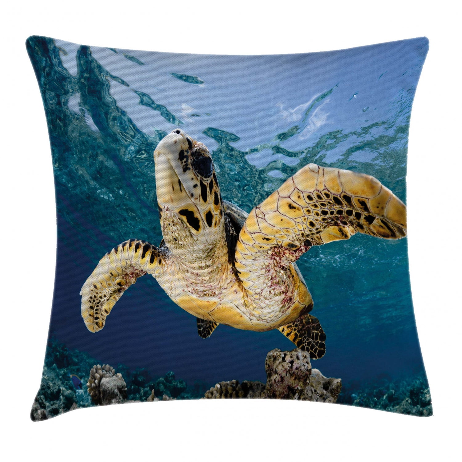 Turtle Throw Pillow Cushion Cover, Hawksbill Sea Turtle in Blue Lagoon of Indian Ocean