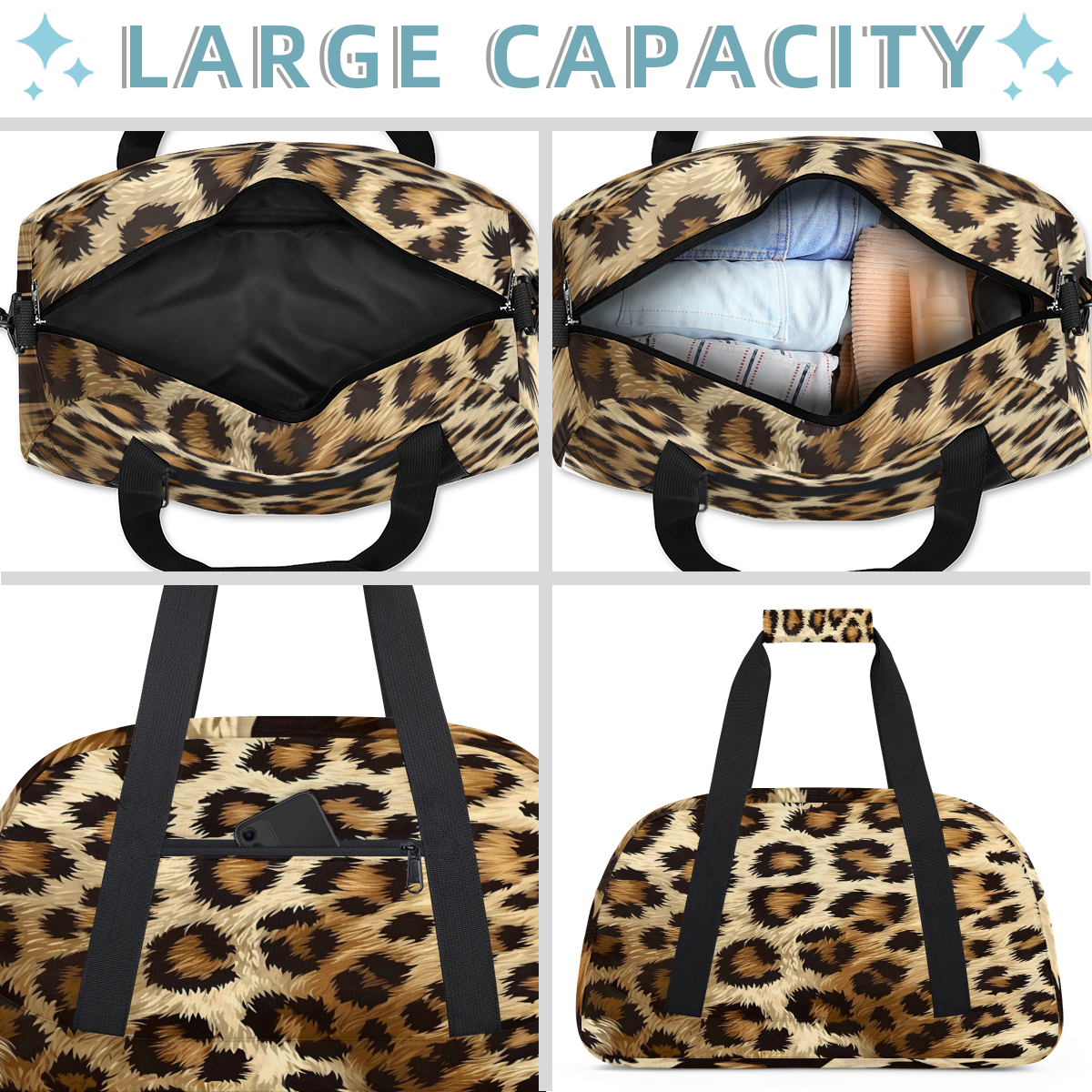 Herdesigns Sports Duffle Bags Travel Duffle Bag Gym Bag Vintage Leopard Print Weekender Travel Bag Waterproof Overnight Bag Carry On Travel Tote Bag Dance Bags