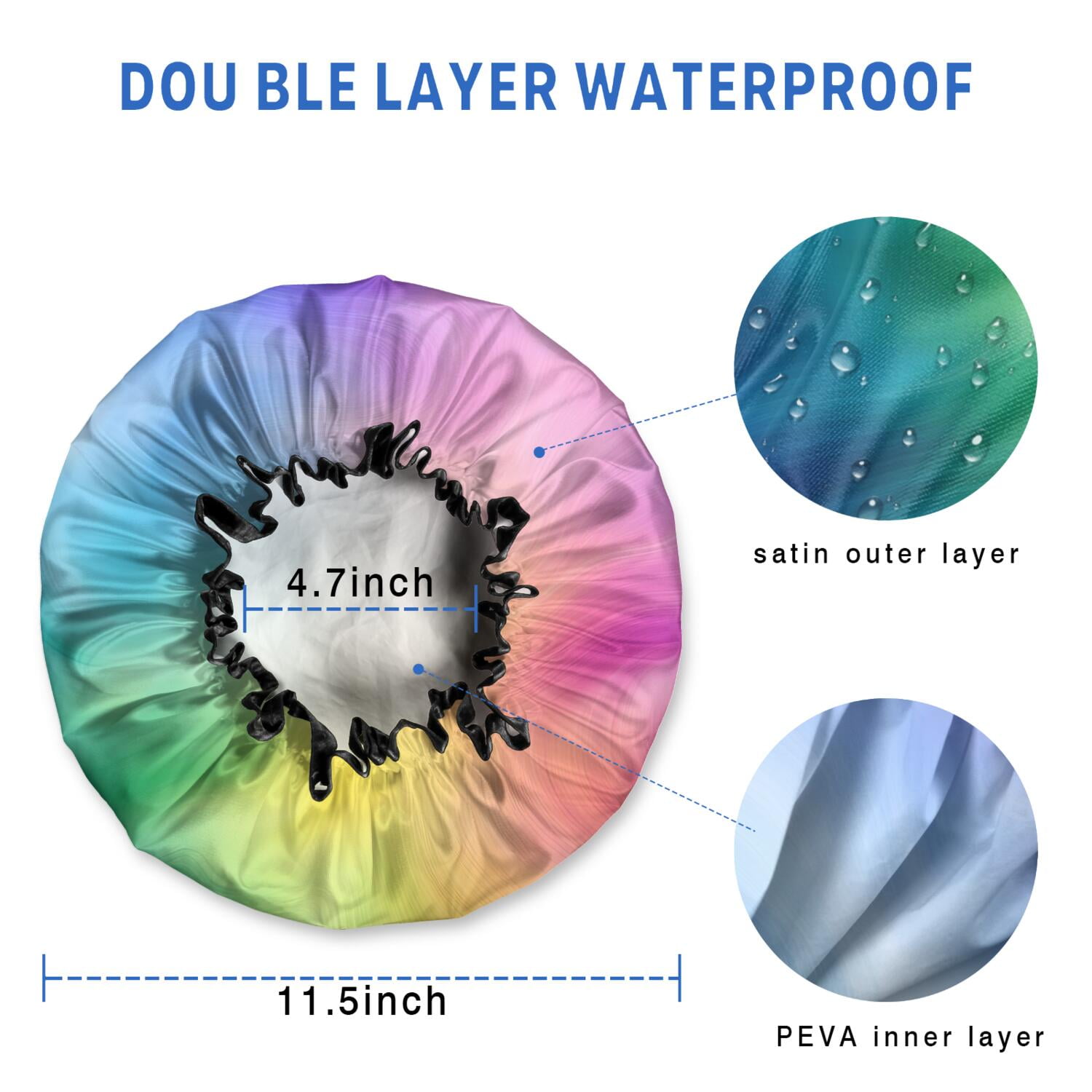 Shower Caps,Rainbow Tie Dye Swirl Pattern Waterproof Shower Cap for Women 4 Pieces,Double Reusable Hair Cover for Shower PEVA Elastic Stretch Hem