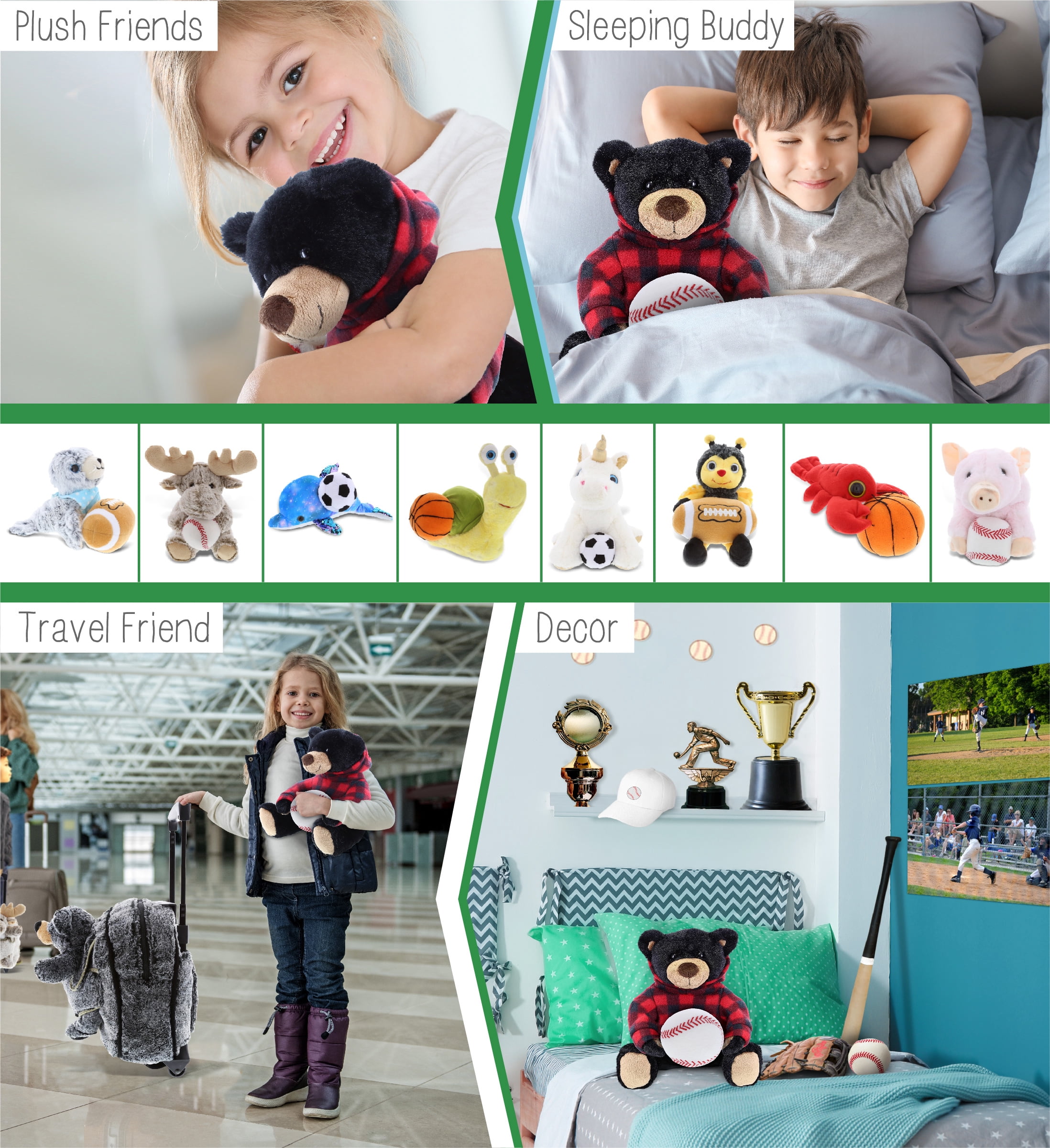 DolliBu Black Bear With Baseball Plush with Red Plaid Hoodie – Soft Huggable Bear, Playtime Teddy Bear Plush Toy, Cute Wildlife Gift, Baseball Plush Stuffed Animal Toy for Kids and Adults - 10 Inch
