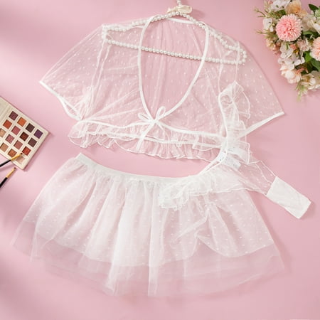 Generic Ins New See-through Lace Short-Sleeved Bow Lace-up Princess Dress Waist Seal Sexy Lingerie 3-Piece Set