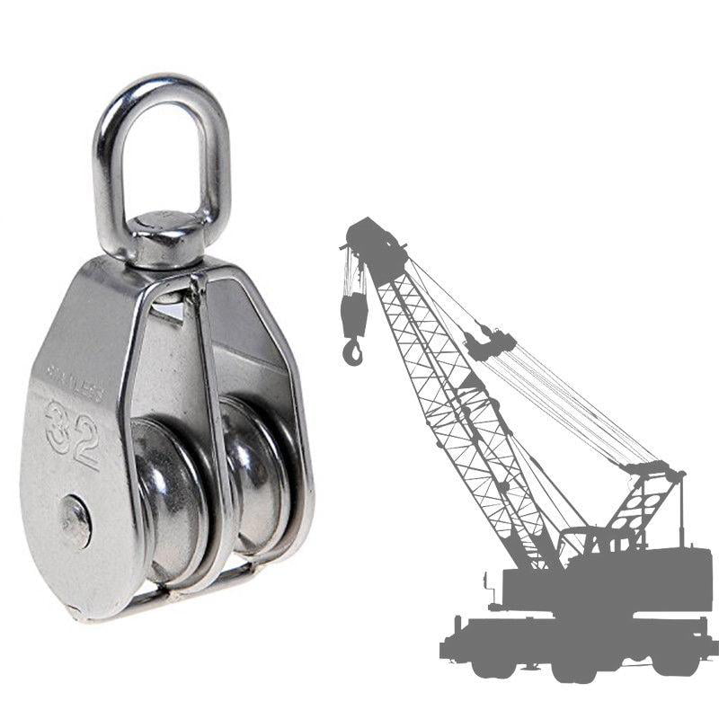 Wire Rope Crane Pulley Block -(M15- ) Lifting Crane Swivel Hook, Double Pulley  Block for Marine,, Climbing -Stainless Steel - M50 
