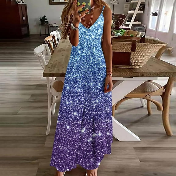 Mqqzkk Womens V Neck Dress 2025 Casual Sleeveless Sundress Plus Size Loose Printed Long Summer Beach Maxi Dress