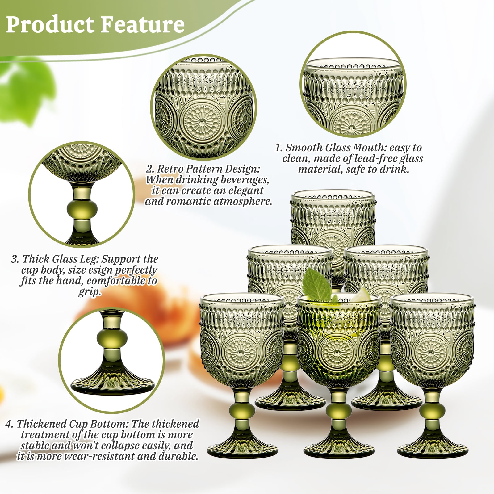 10 Oz Glass Wine Glasses, Set of 6 Stemmed Small Wine Glasses, 300ml Vintage Sunflower Cups, Green