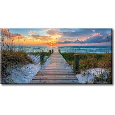 Coastal beach canvas wall art - Beach path picture wall decoration, Large ocean and sea view art print, sunset natural landscape painting, living room and bedroom decoration and framing Artwork 20 "x