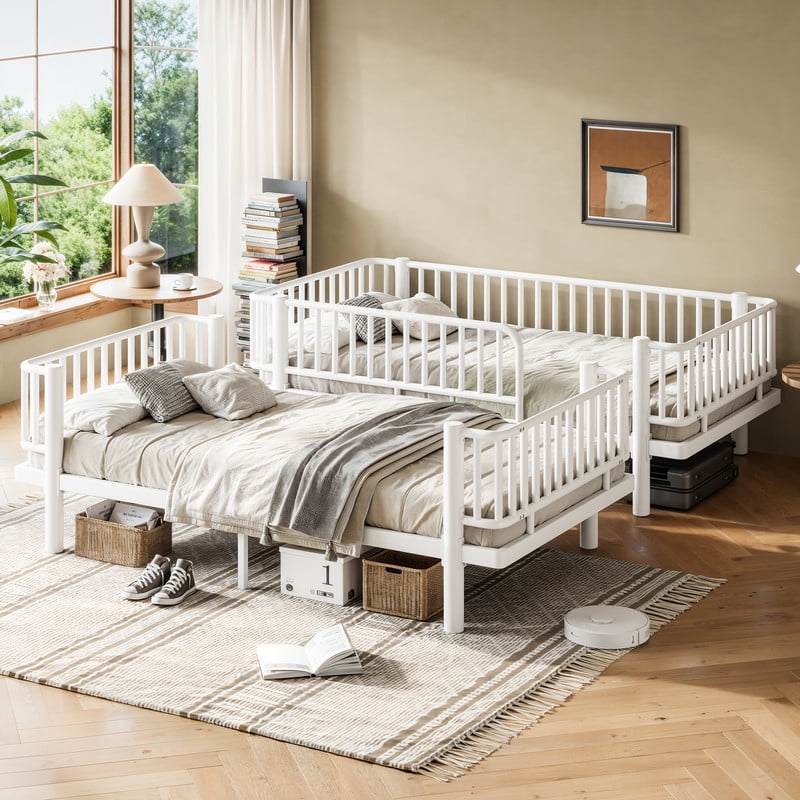 Twin-over-Twin Teens Bunk Bed Can Transformed into 2 Platform Beds, Metal Kids Bed Frame with Round-Pipe, Ladder & Guardrails