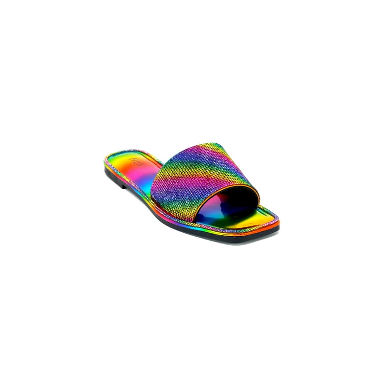 Women s Rhinestone Slip On Flat Slide Sandals Rainbow 5