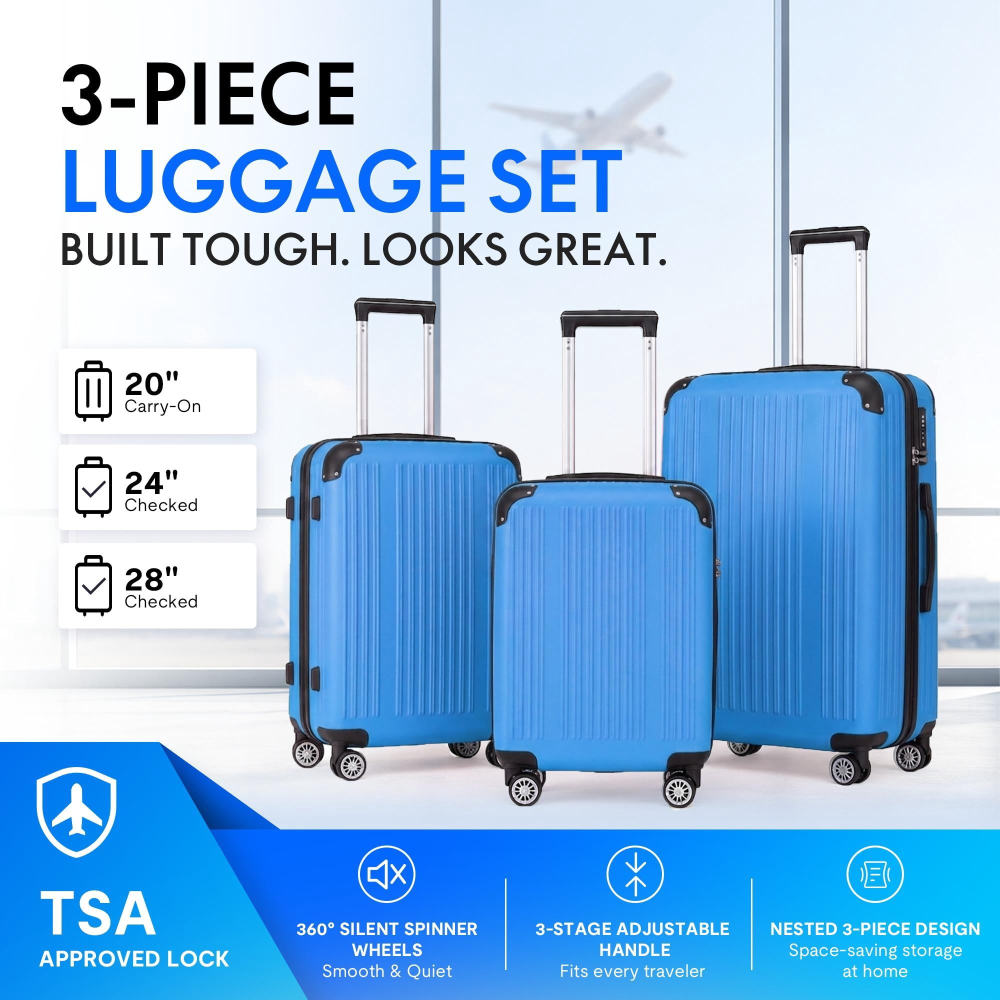 3-Piece ABS Hardshell Luggage Set, Lightweight Scratch-Resistant Suitcases with Silent Spinner Wheels & TSA Lock, Deep Blue