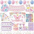 thumbnail image 2 of Decoración para fiesta de cumpleaños con forma de mariposa morada y rosa, vasos de papel, platos, vajilla, suministros, telón de fondo, pancarta, globos, regalos para bebés y niños, 2 of 5