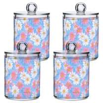 Yayeee 4 Pack Qtip Holder Bathroom Cotton Swab Canister with Lid Clear Dispenser Set, Pink Daisy