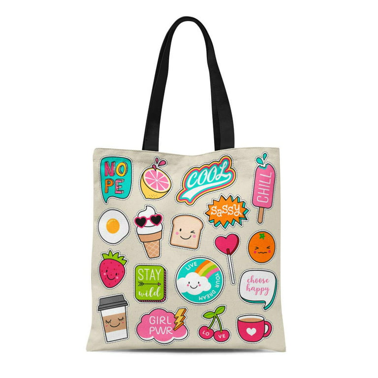 Ashleigh Canvas Tote Bag Patch of Patches Cute Colorful Badges Fun Cartoon Popsicle Durable Reusable Shopping Shoulder Grocery Bag, Adult Unisex, Size