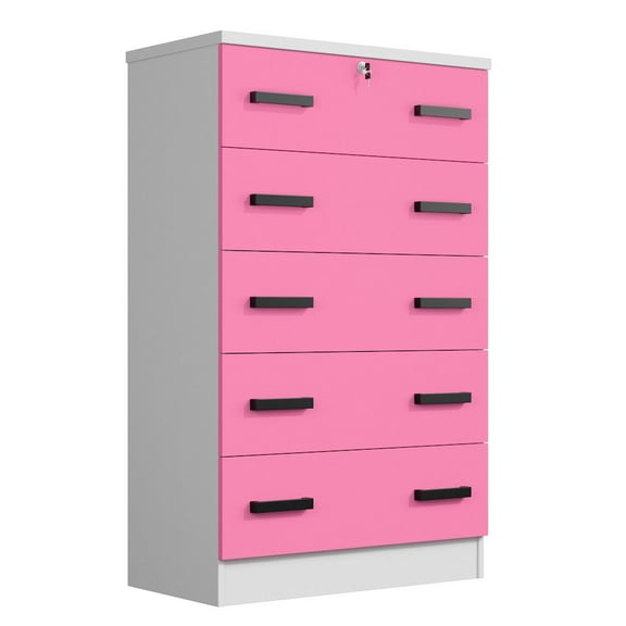 Woodpeckers Furniture and Mattress Cindy 5 Drawer Chest Wooden Dresser with Lock (White and Pink)