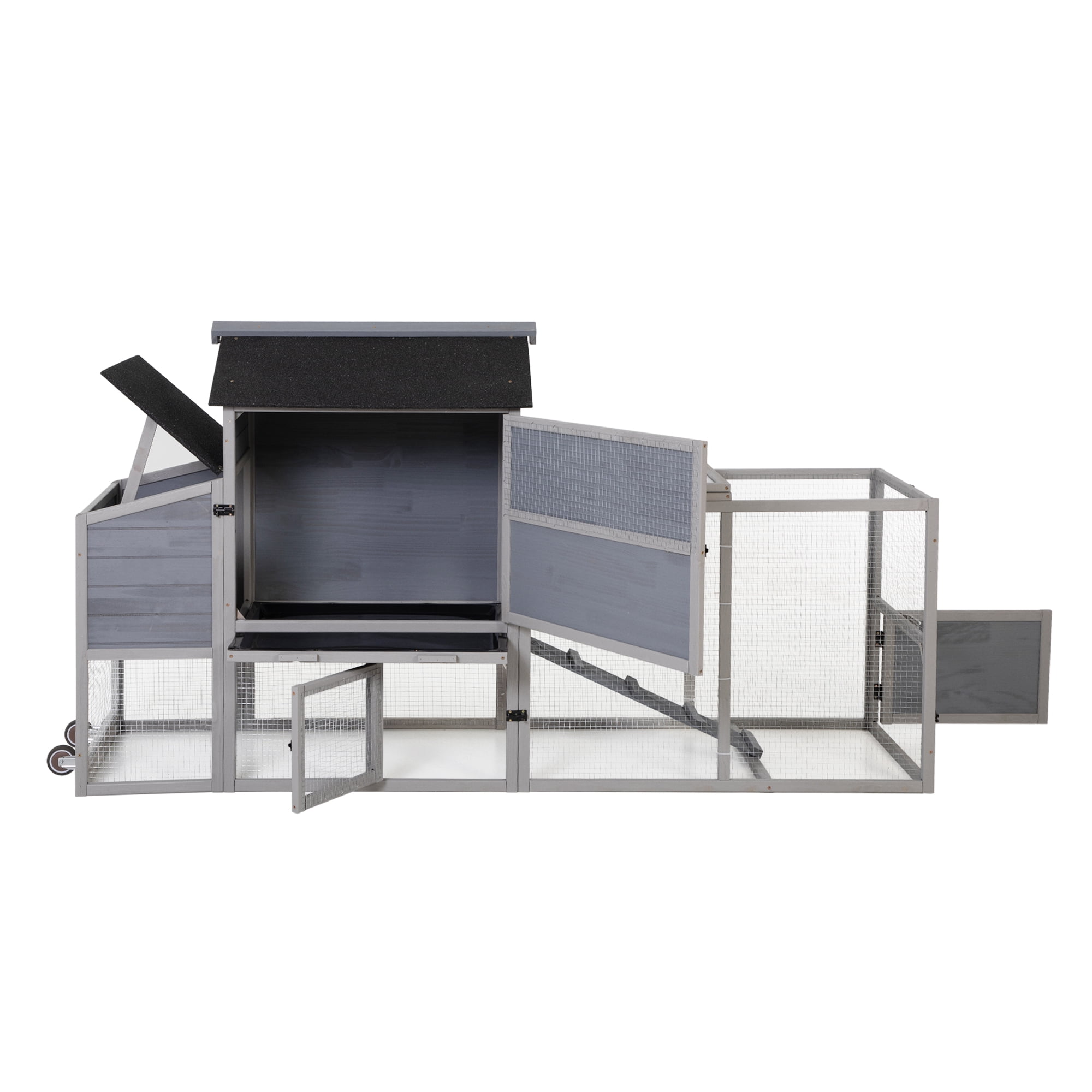 Portable Mobile Chicken Coop with Nesting Box, Sleeping Room, Run, Window, Sun Board, Doors, Pull-Out Tray, Wheels, Outdoor Backyard Pen for Small Animals, Gray with Colorful Patterns