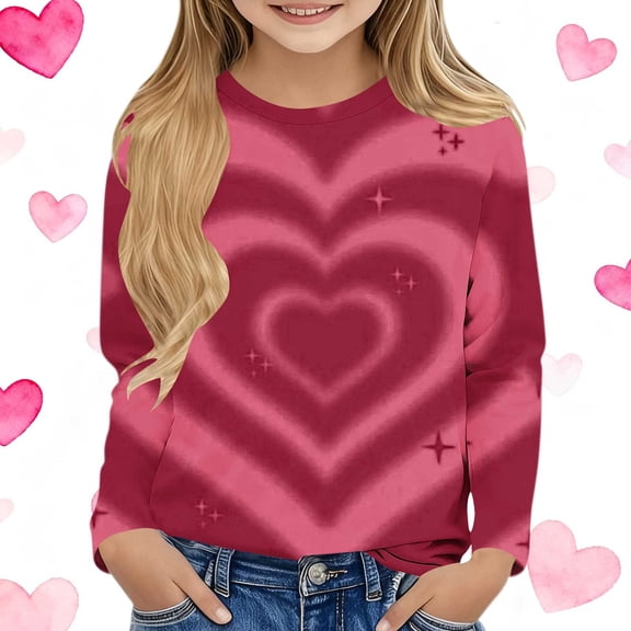 Wine Gradient Heart Print Girls Long Sleeve Shirt - Sparkly Soft Stretch Crewneck, Easy Care Casual Top for Girls 3-13 Years,Size 11 T