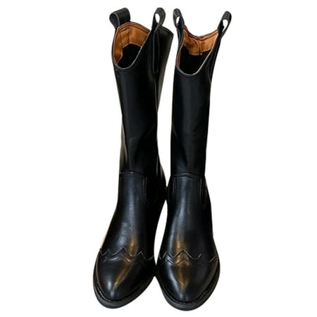 

Difumos Womens Vintage Wide-Calf Mid Calf Boot Fashion Block Heeled Western Boots Work Non-Slip Pull On Cowgirl Shoes Black 4.5