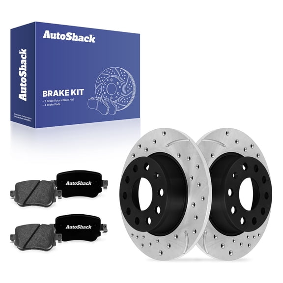 AutoShack Rear Brake Rotors & Premium Pads for Volkswagen, Golf 2015-2016 Golf SportWagen 2015, 2017-2018, FWD AWD L4 1.8L 2.0L - E-Coated Drilled & Slotted - ShadowGuard - 9.96" (253 mm), 9-Lug