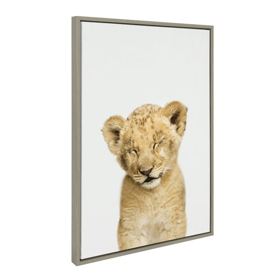 Kate and Laurel Sylvie Animal Studio Sleepy Lion Framed Canvas Wall Art by Amy Peterson Art Studio, 23x33 Gray, Whimsical Fun Animal Nursery Art for Wall