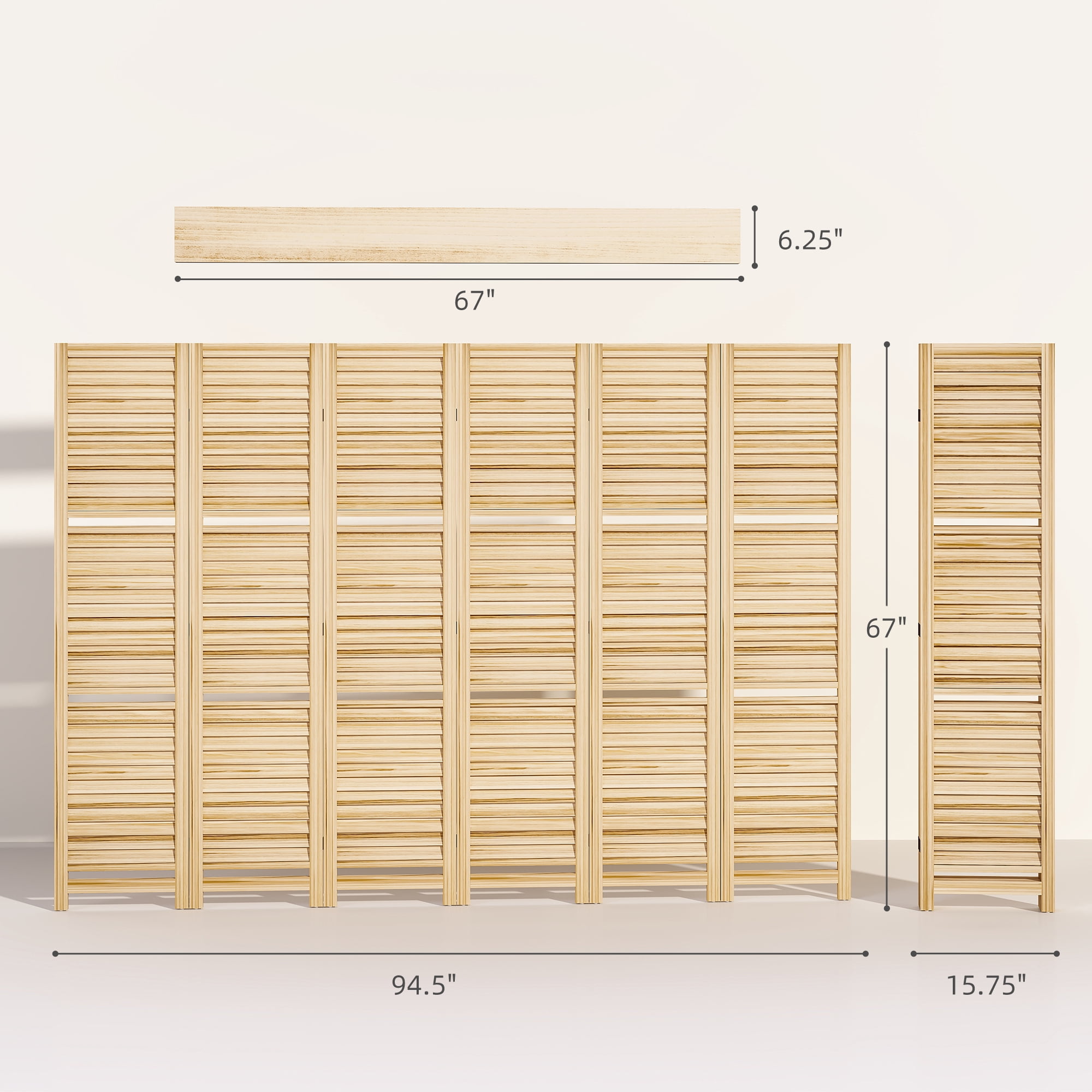 HOMCOM 6 Panel 67" Tall Wood Privacy Screen Room Divider with 3 Display Shelves, and Folding Storage for Bedroom or Home Office, Natural Wood
