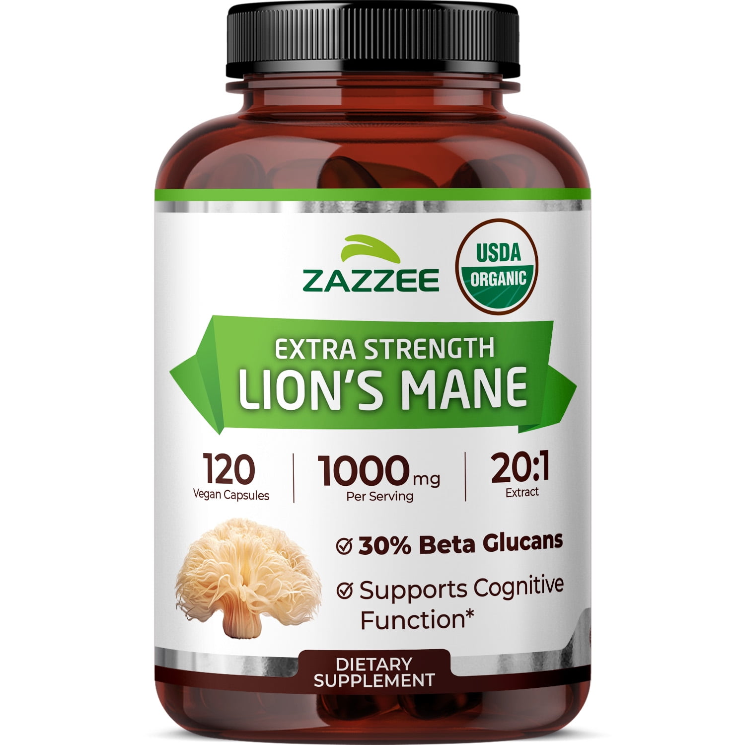 Zazzee USDA Organic Lion’s Mane 1000 mg – Supports Brain Health & Focus – 30% Beta Glucans