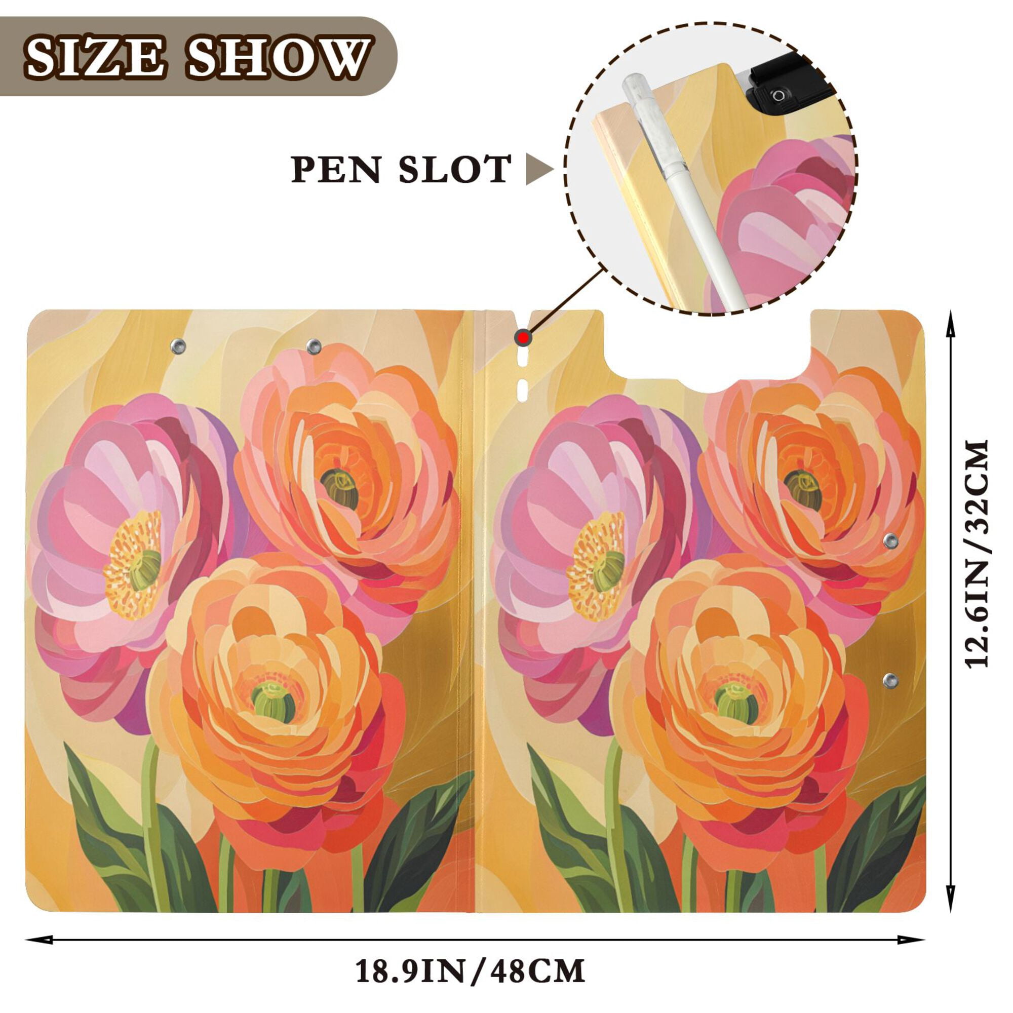 FORMRS A4 Clipboard Folder with Pen Holder Horizontal Foldable School Office Binder, Pink Abstract Floral