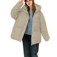 thumbnail image 2 of Women's Short Puffer Jacket, Hooded Quilted Coat, Casual Bomber Style Outerwear, Lightweight Warm Winter Coat, Loose Fit Cropped Padded Jacket, Everyday Wear Khaki XL, 2 of 9