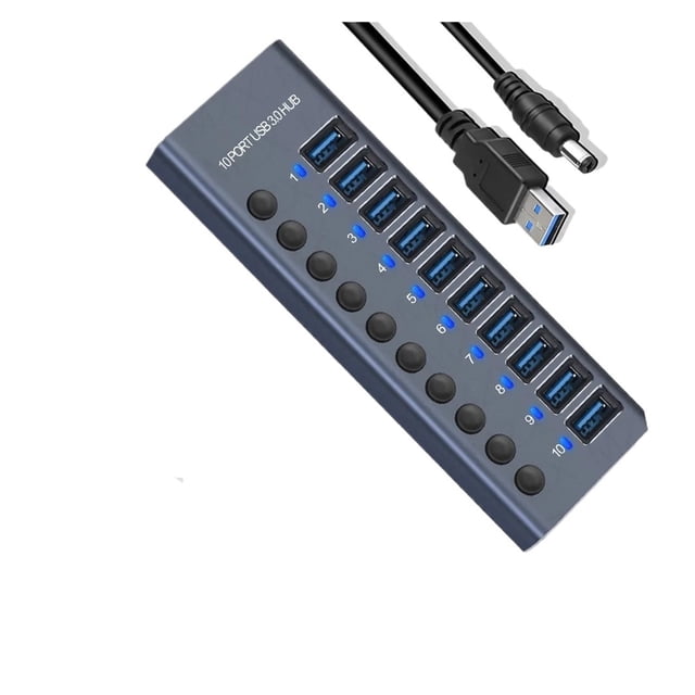 10 Port USB 3.0 Hub Aluminum High Speed Splitter with Individual On/Off Switches for PC Laptop