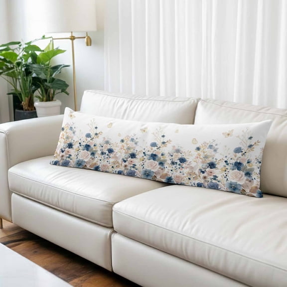 Navy Blue Spring Floral Body Pillow Covers 20"x54", Elegant Pastoral Flowers Watercolor Soft Brushed Microfiber Breathable Throw Pillow Covers, Pillowcase with Zipper for Couch Sofa Bedroom