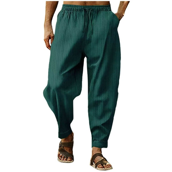 JUUYY Men's Linen Pants Baggy Elastic Waist Harem Pants Casual Lightweight Loose Fit Breathable Vacation Beach Pants with Pockets Dark Green L