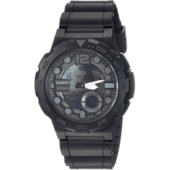 Casio Men Classic Quartz Ana-Digi World Time 100m Black Resin Watch AEQ100W-1BV