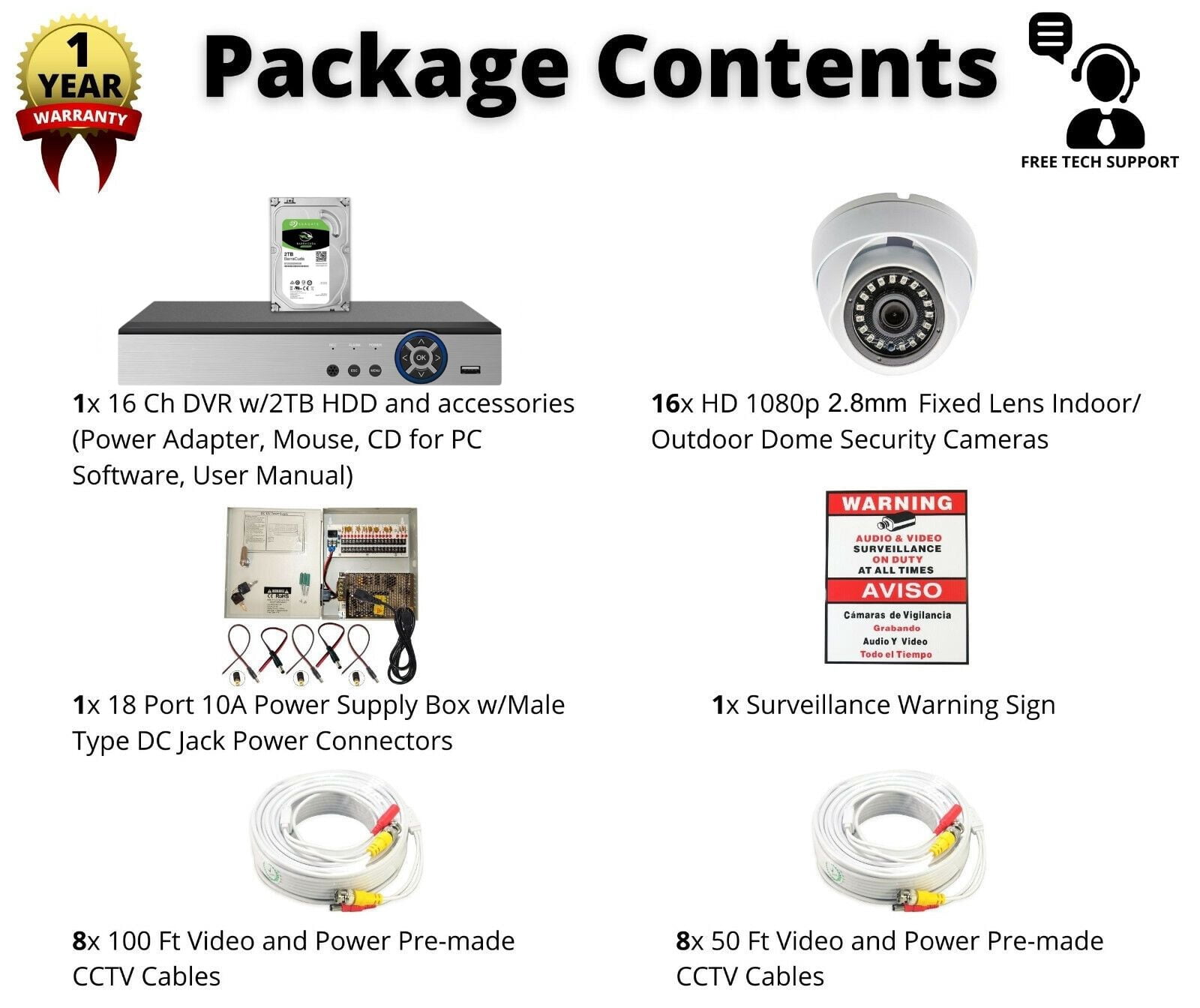 Evertech 16 Channel Security Camera System 1080p HD Indoor Outdoor Metal Cameras 2TB HDD for Recording Playback Easy Remote Access