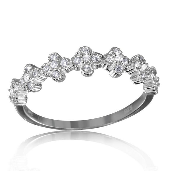 Polished Rhodium Plated Sterling Silver 925 Clover Band Clear CZ Ring White Female Size 5