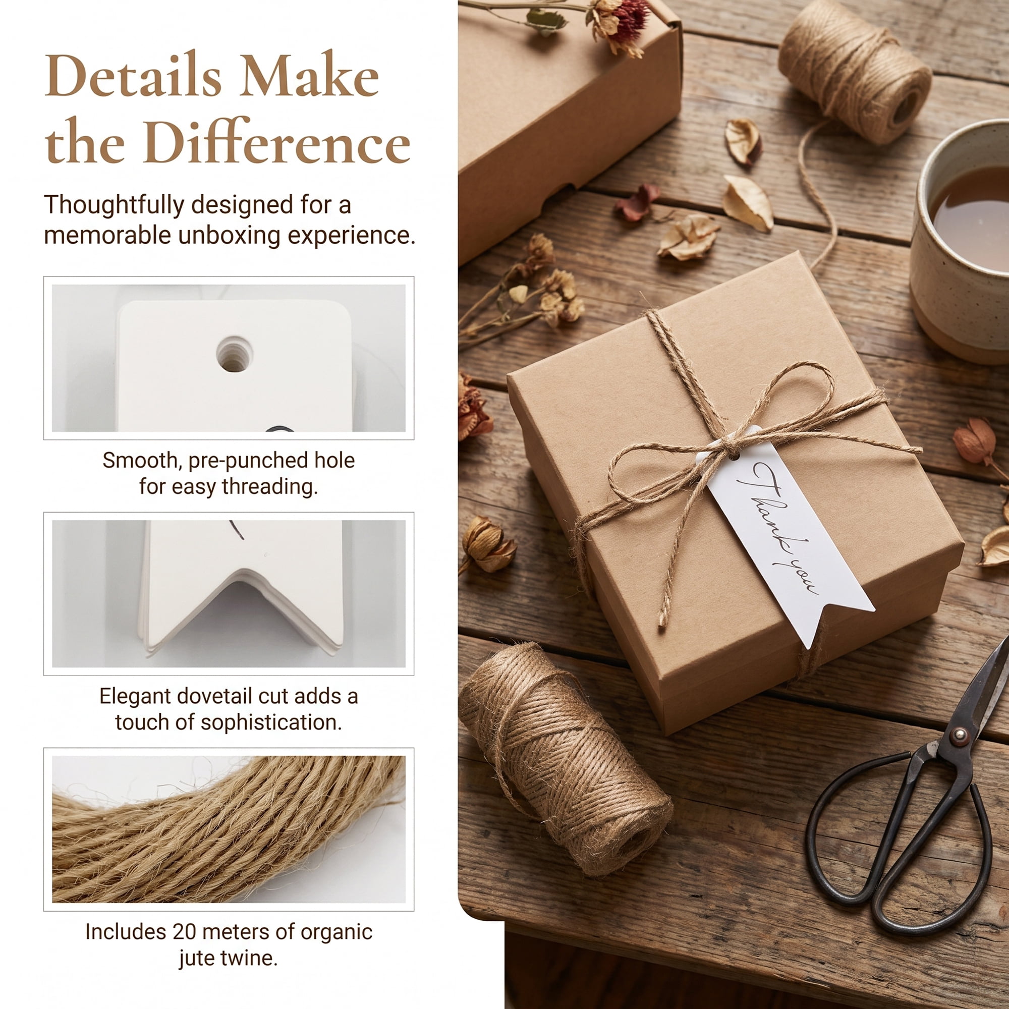 Unique Bargains Gift Tags with Natural Twine for All Occasions 0.8" x 2.8" White Thank You