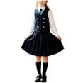 thumbnail image 3 of SGFCWSX Girls 4-Piece School Uniform Set, Kids Long Sleeve Collared Shirt with Bow Tie, Double-Breasted Button Vest and Pleated Skirt Outfit Navy Size 9-10 Years, 3 of 6