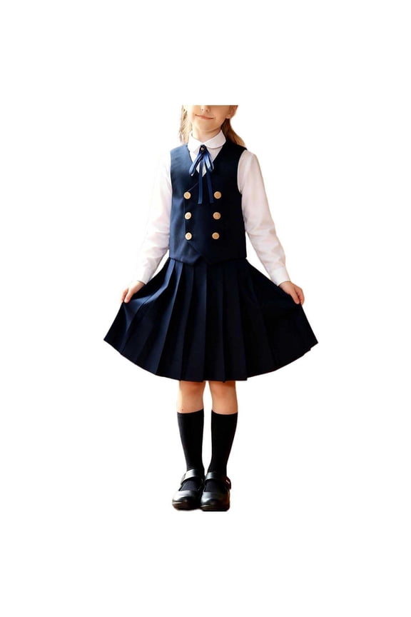 Girls' 3-15Y School Uniform 4-Piece Set Peter Pan Collar Shirt and V-Neck Vest and Pleated Skirt and Bow Tie Kids' Preppy outfit