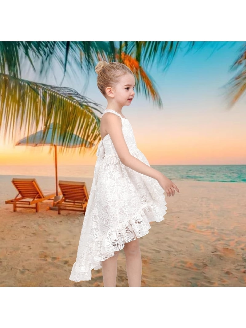 Sunny Fashion Flower Girls Dress White Lace Hi-lo Crisscross Boho Flowy Wedding Baptism Summer 6 Years