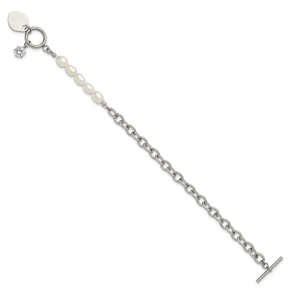 Auriga Fine Jewelry Stainless Steel with Half White FWC Pearl and CZ Heart Dangle 8.25" Bracelet for Men